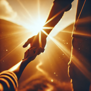 Deux personnes se tenant la main dans un paysage ensoleillé, avec des rayons de lumière traversant la scène, symbolisant le soutien et un nouveau départ