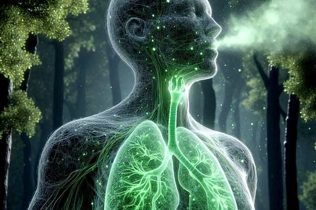 Respiration 478 Illustration d'un personnage pratiquant la méthode de respiration 4-7-8 dans une forêt, l'air circulant visiblement dans ses poumons.