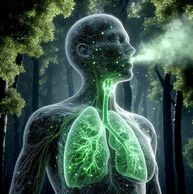 Illustration d'un personnage pratiquant la méthode de respiration 4-7-8 dans une forêt, l'air circulant visiblement dans ses poumons.