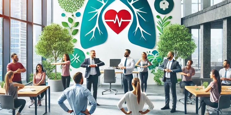 Des employés participent à un événement de bien-être en entreprise, avec des activités santé dans un bureau moderne et lumineux