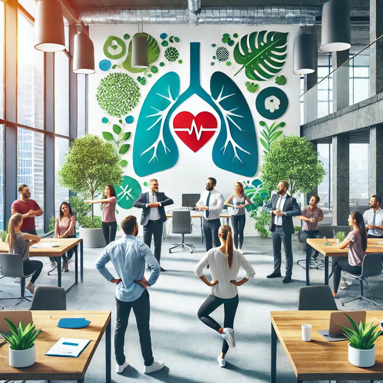 Auriculothérapie CE entreprise collectivité Des employés participent à un événement de bien-être en entreprise, avec des activités santé dans un bureau moderne et lumineux