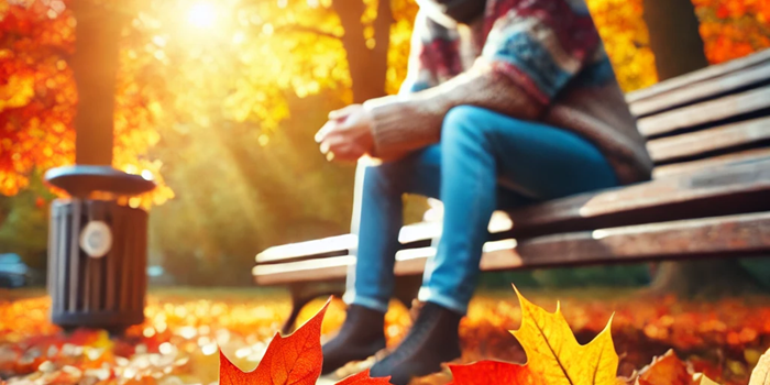 Personne assise sur un banc dans un parc d'automne, avec une cigarette cassée par terre parmi les feuilles mortes.
