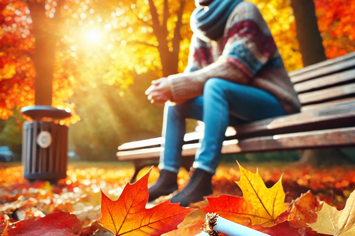 Stop tabac automne 2 Personne assise sur un banc dans un parc d'automne, avec une cigarette cassée par terre parmi les feuilles mortes.