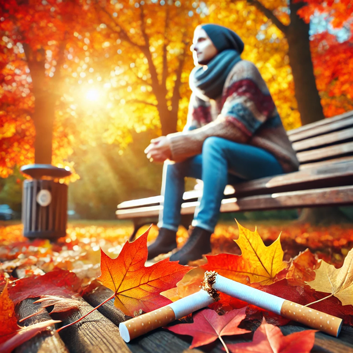 Stop tabac automne 2 Personne assise sur un banc dans un parc d'automne, avec une cigarette cassée par terre parmi les feuilles mortes.