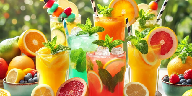 Dry january 1 Table extérieure avec des mocktails colorés entourés de citrons, oranges et menthe, en pleine lumière naturelle.