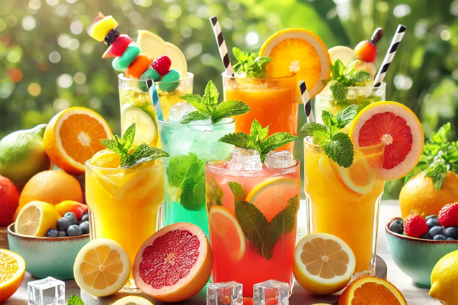 Dry january 1 Table extérieure avec des mocktails colorés entourés de citrons, oranges et menthe, en pleine lumière naturelle.