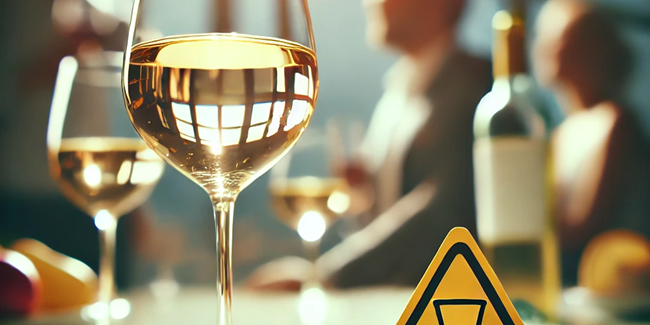 Les dangers d’une cuite ce que vous ignorez peut vous surprendre Un verre de vin posé sur une table lumineuse avec un symbole de mise en garde, en arrière-plan des silhouettes floues évoquent un événement social.