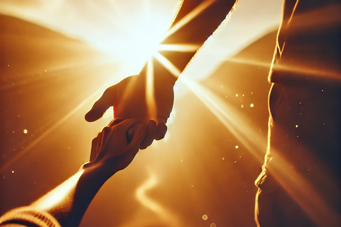 les bonnes résolutions Deux personnes se tenant la main dans un paysage ensoleillé, avec des rayons de lumière traversant la scène, symbolisant le soutien et un nouveau départ